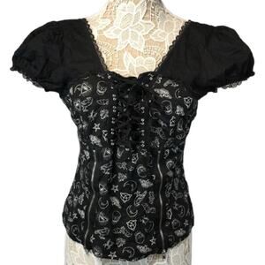 Hot Topic Gothic Corset Lace front, Zipper skull spiders bat Pattern Top size XL